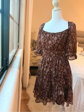 Francesca's Collections Brown Floral Square-Neck Mini Dress